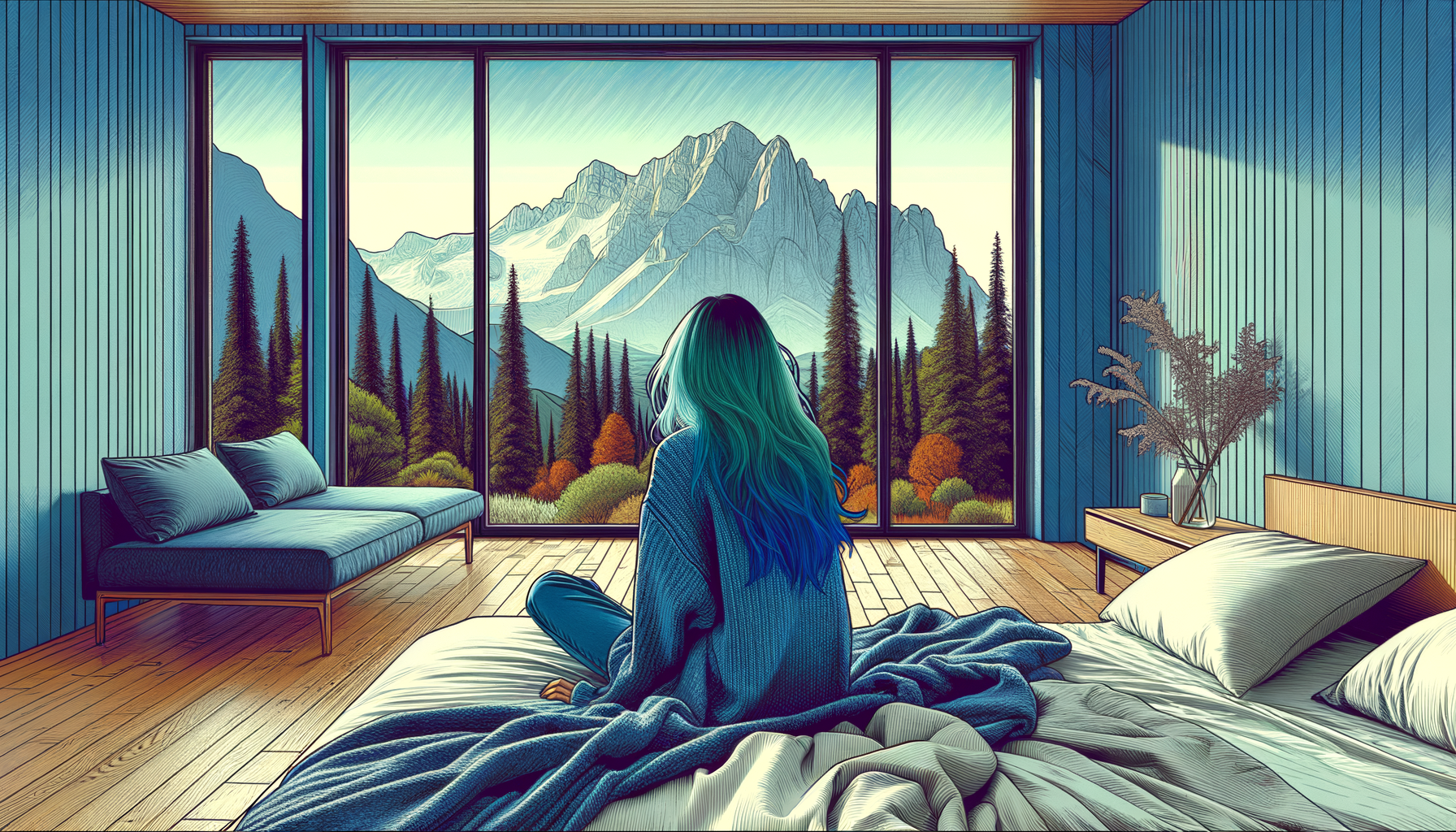 панорамные окна, вид на горы и деревья, девушка, сидит на кровати, смотрит в окна, голубоватые волосы, растрепанные волосы, в голубом свитере