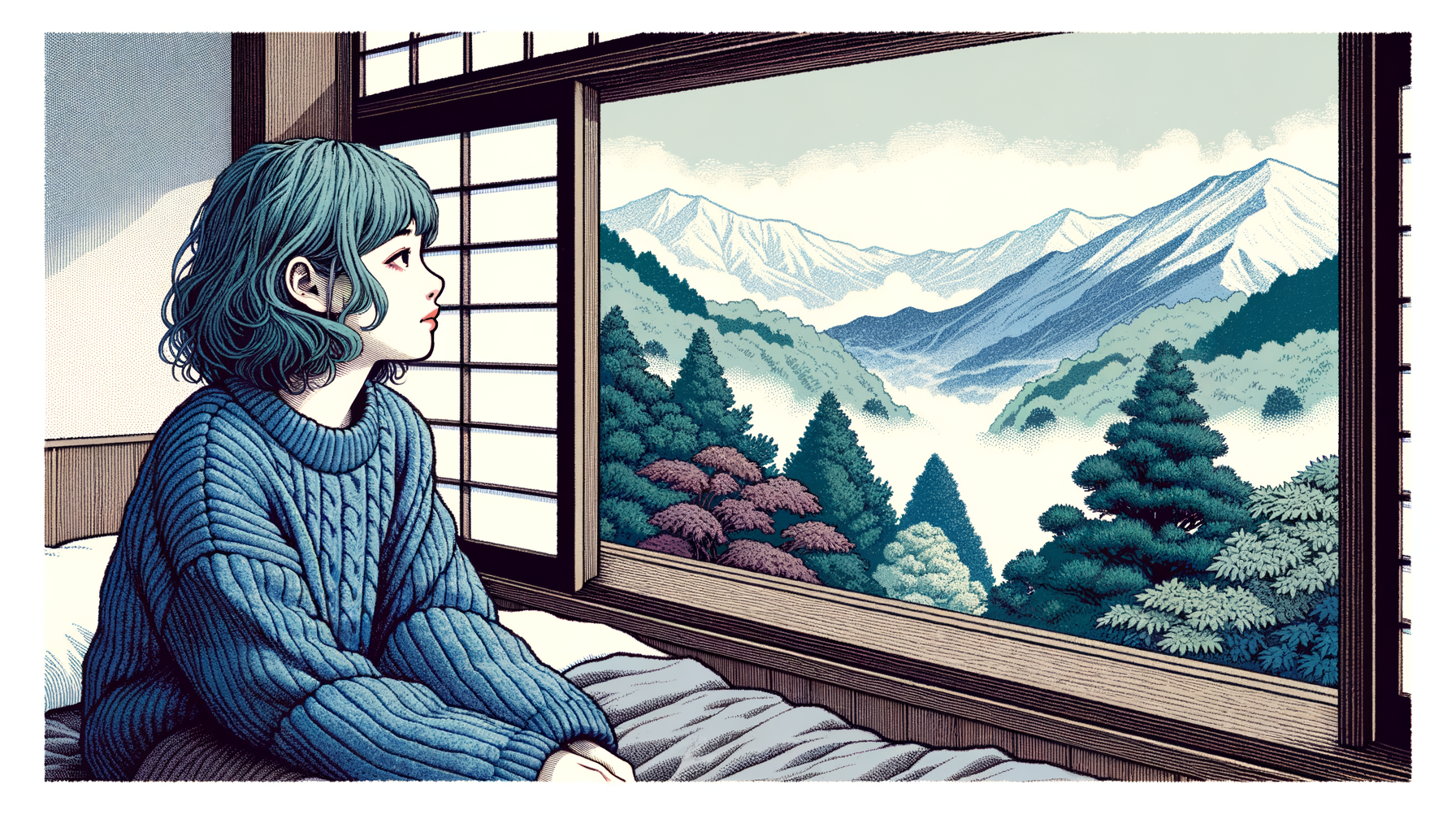 панорамные окна, вид на горы и деревья, девушка сидит на серой кровати слева, смотрит в окна справа, голубоватые волосы, растрепанные волосы, в голубом свитере
