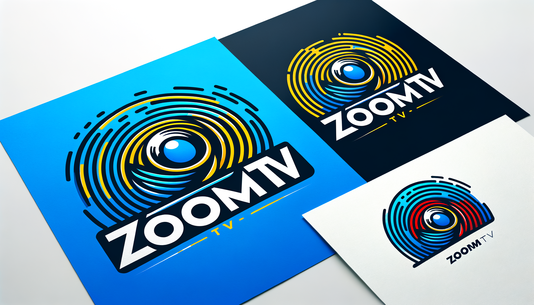 Изображаю логотип ZoomTV с использованием комбинации цветов синий, желтый и красный:

Лого может содержать стилизованное изображение камеры или объектива в центре, окруженное зумирующими линиями, символизирующими движение и скорость.
Используйте смешение трех цветов: синий для стабильности и профессионализма, желтый для энергии и оптимизма, красный для страсти и динамики.
Добавьте слово "ZoomTV" под изображением или внутри логотипа, используя современный шрифт с четкими линиями, отражающий технологичность и современность вашего бренда.